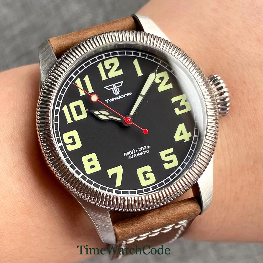Tandorio Fluted Pilot Watch TD117A 20BAR  NH35 PT5000 Roman Numerals Sapphire 39mm