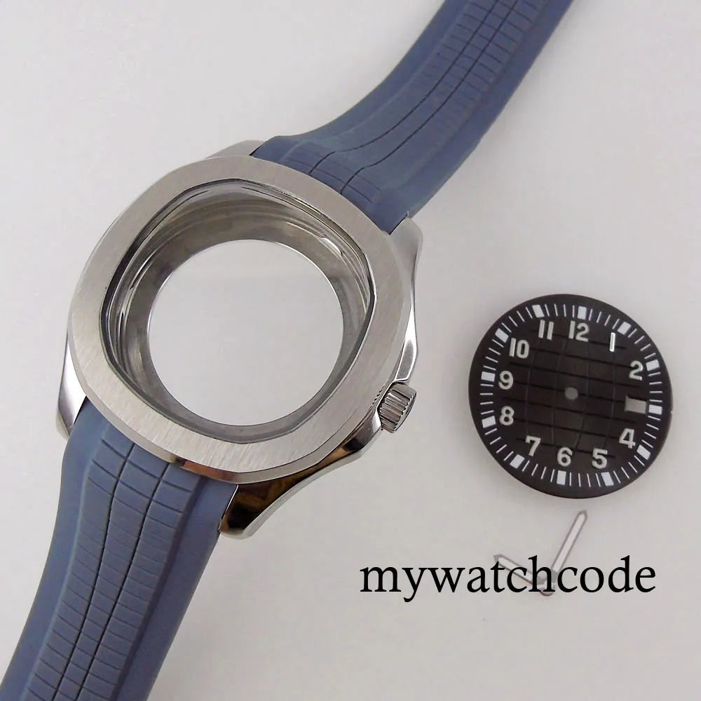 40mm Watch Case Glass Back Rubber Strap Dial Hands Set Fit NH35A NH36A Automatic Movement Sapphire Glass