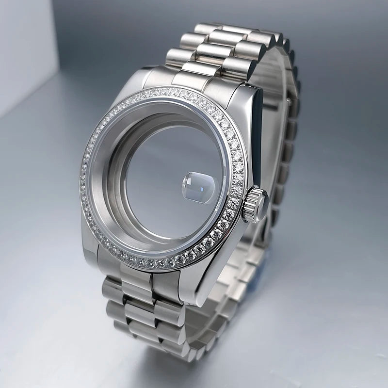 36mm/39mm NH35 Case President Jubile Strap Diamond Bezel Sapphire Glass Mod For NH35 NH36 Movement Watch Case Accessories Parts