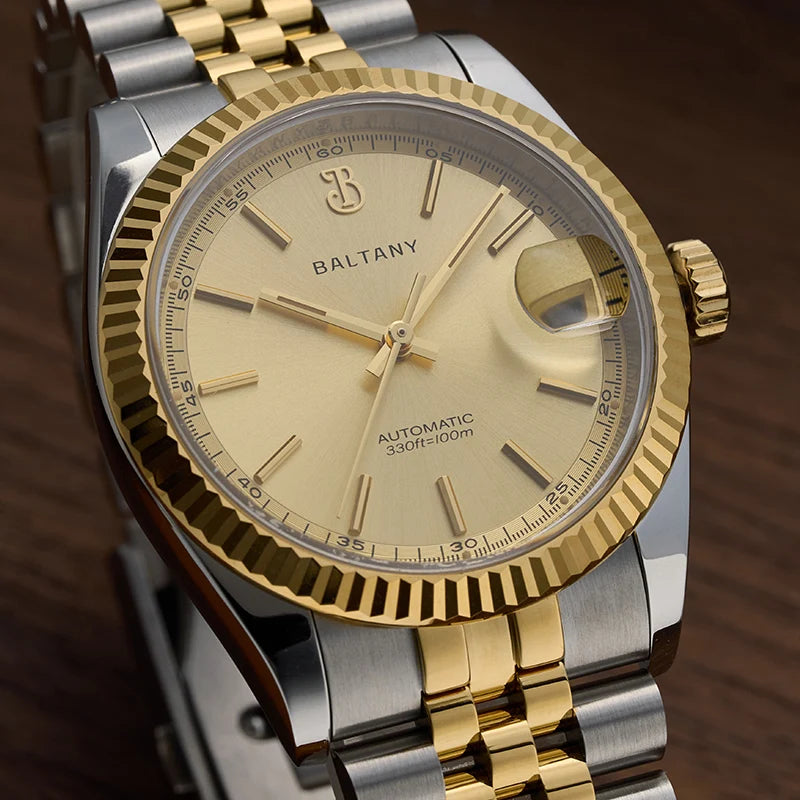 Baltany 36mm Dress Gold Watch S4084 Customizable DateJust  NH35 Automatic  Ar sapphire Swiss Lume Fluted case