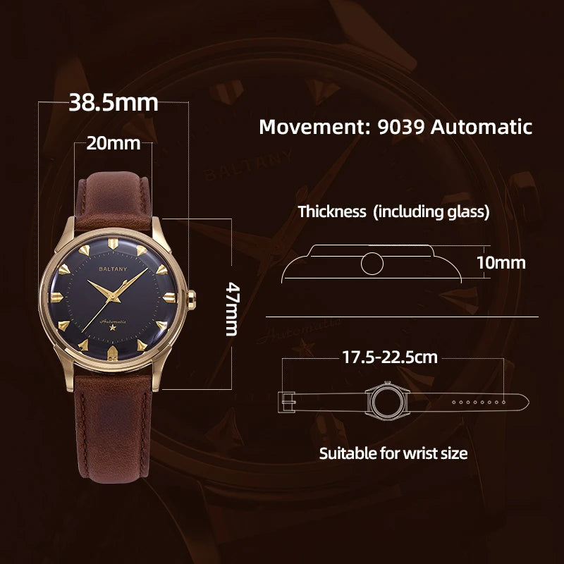 Baltany Dress Watches Man S4090 Dome Sapphire Crystal 9039 Automation Stainless Steel Classic Pie-Pan Dial Mechanical Watch