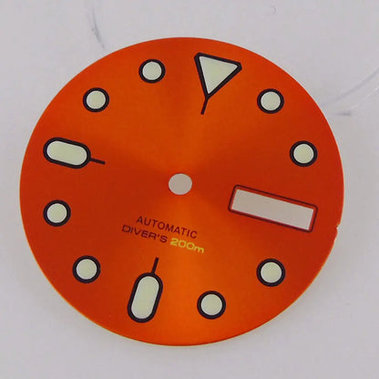 Nologo 29mm Watch Dial 3.8 Clock for NH 36 Movement Weekday Date Orange/white/black Dial Face Plate Green Lume for Di ver Watch