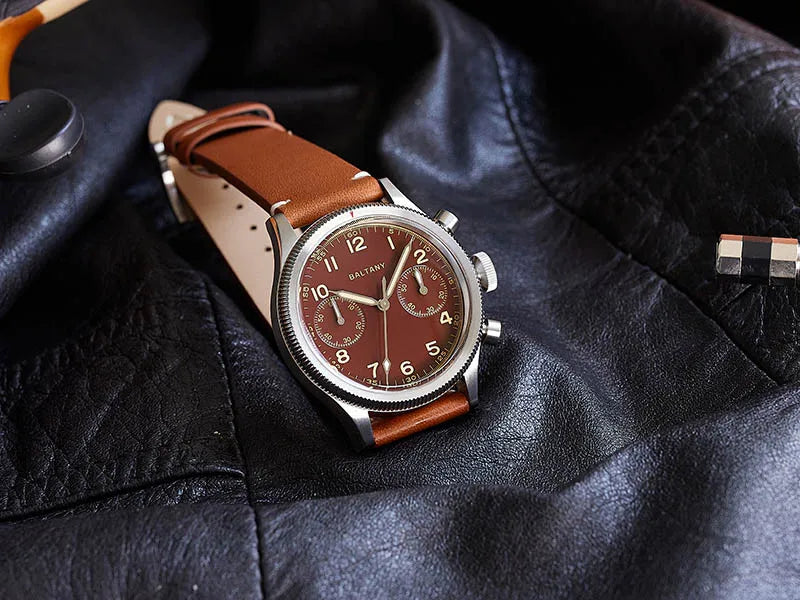 Baltany Military Chronograph Man S5054 Retro Style Quartz Watch Leather Strap Sapphire Glass 5ATM Waterproof Multifunction Watch