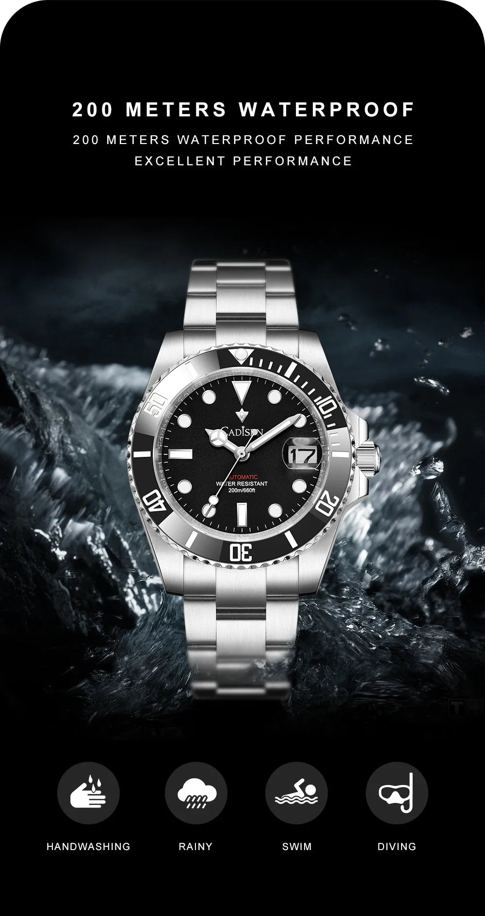 CADISEN C8216 Submariner Diver NH35A Movement AR Sapphire BGW9 Lume 40MM 20Bar