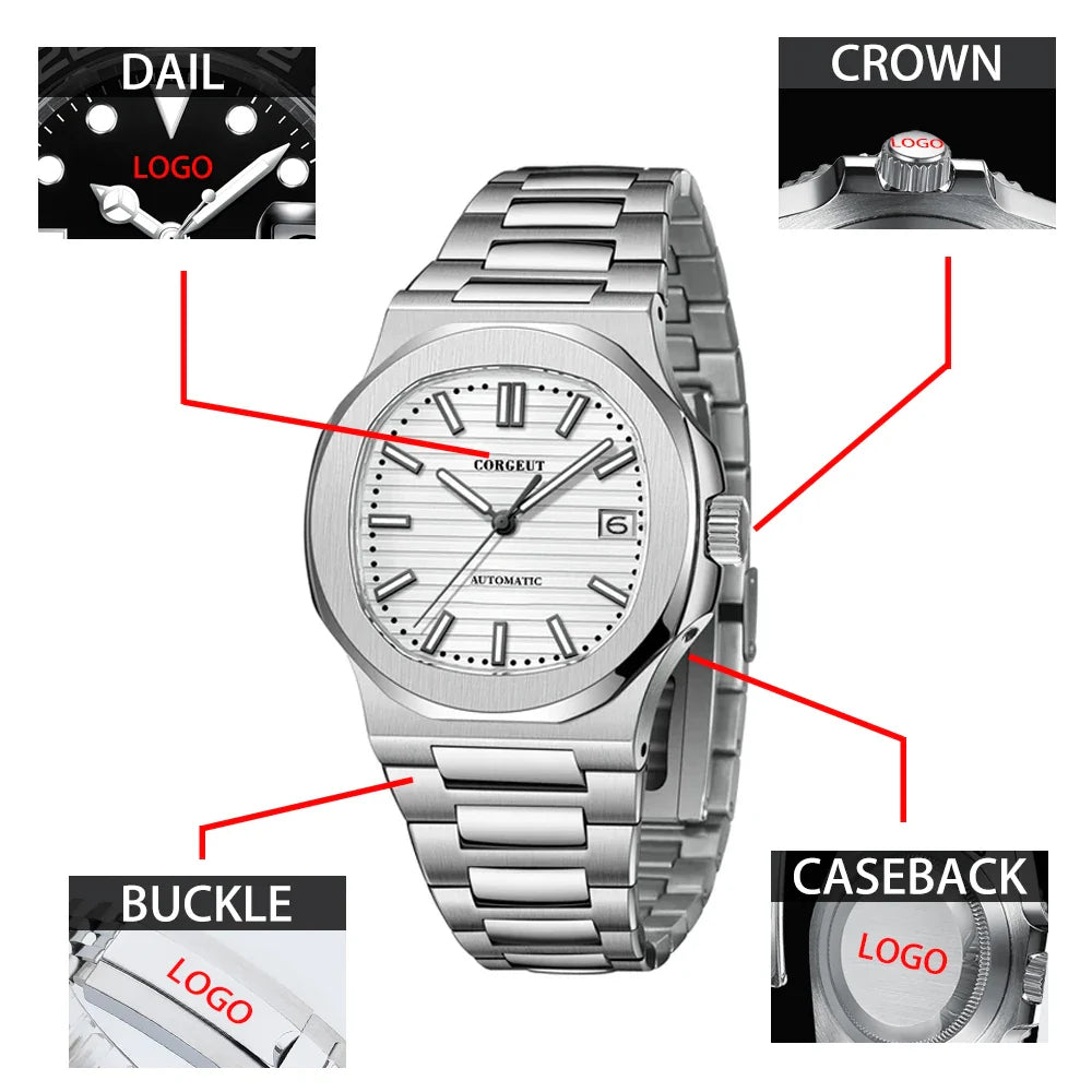 Corgeut 6017 Nautilus Watch 40mm Custom logo NH35 Movement  Sapphire Crystal Watch 10bar Lumnious