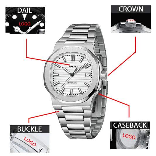 Corgeut 6017 Nautilus Watch 40mm Custom logo NH35 Movement  Sapphire Crystal Watch 10bar Lumnious