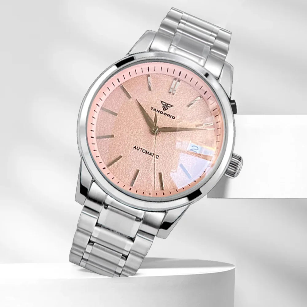 Tandorio NH35A Double Dome Sapphire Dress Wristwatch polished 40MM 20bar TD152 Glass Back