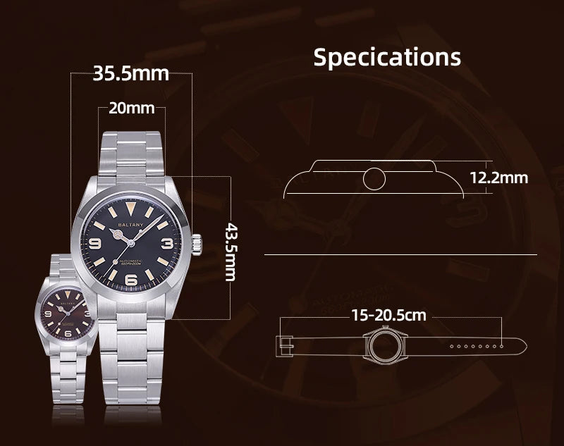 Baltany 36MM Explorer Watch Man S4056 NH38 Automatic Mechanical Watch  Waterproof 20Bar Stainless Steel Bracelet Retro Watches