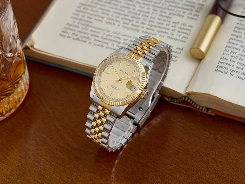 Baltany 36mm Dress Gold Watch S4084 Customizable DateJust  NH35 Automatic  Ar sapphire Swiss Lume Fluted case