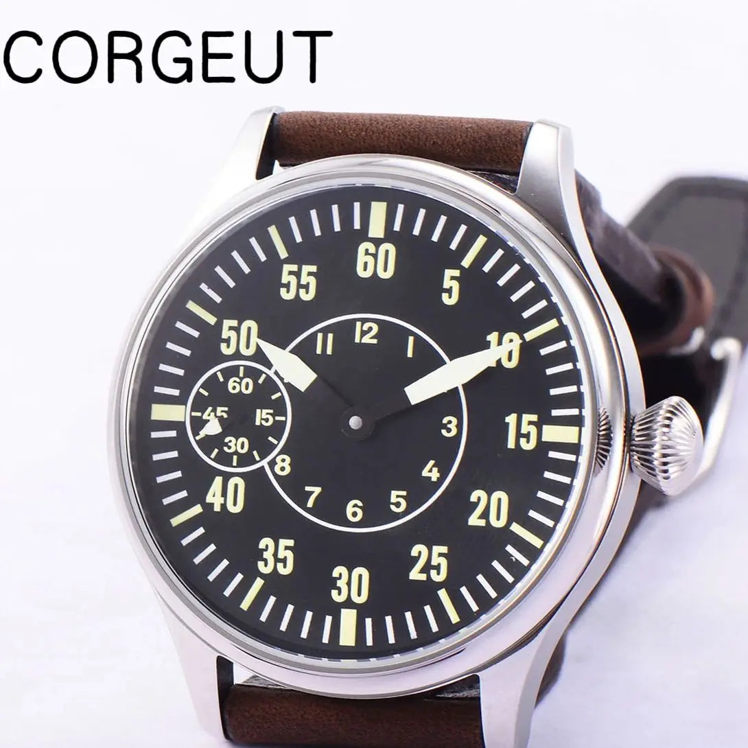 CORGEUT 6023D 44mm ST3600 hand winding Pilot Sub Second Sapphire Crystal 3ATM Glass Back luminous