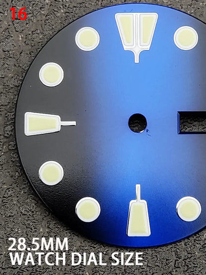 28.5mm Watch Dial Black Blue Gradient Dual Calendar Date Watch Faces with Green Luminous Watch Accessories for NH36 Movement