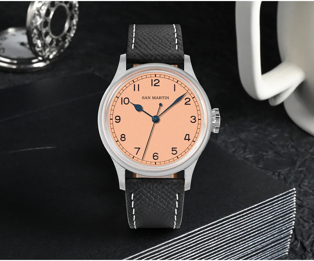 San Martin 38.5mm Men's Mechanical Watch NH35 Vintage Pilot Simple Fashion Wristwatch Baked Varnish Blue Hands 10 Bar Clock