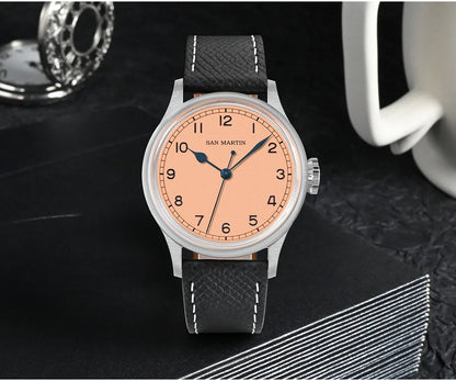 San Martin 38.5mm Men's Mechanical Watch NH35 Vintage Pilot Simple Fashion Wristwatch Baked Varnish Blue Hands 10 Bar Clock