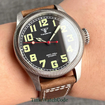 Tandorio Fluted Pilot Watch TD117A 20BAR  NH35 PT5000 Roman Numerals Sapphire 39mm