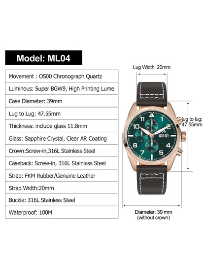 Militado ML04 Chronograph Quartz Military Watch OS00 Movement BGW9 Luminous 100m Waterproof  Domed Sapphire 39mm