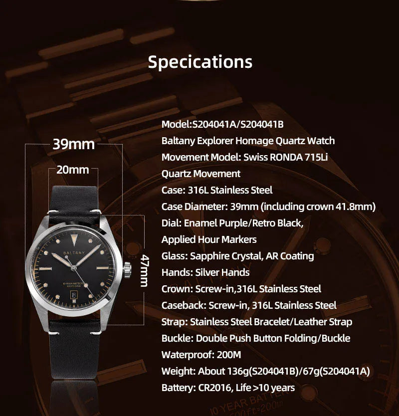 Baltany S4041 Vintage Tribute Quartz Wristwatches Enamel Dial Sapphire Crystal 20ATM Stainless Steel Bracelet Diving watches