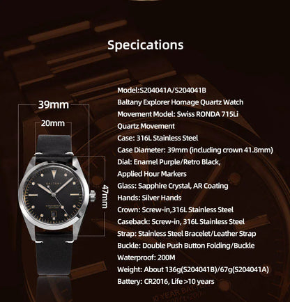 Baltany S4041 Vintage Tribute Quartz Wristwatches Enamel Dial Sapphire Crystal 20ATM Stainless Steel Bracelet Diving watches