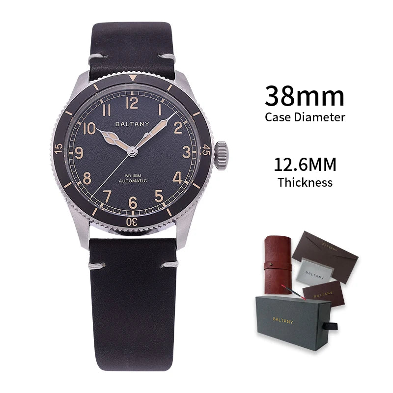 Baltany 38MM Military Watch Men  S2076 NH38 Automation Stainless Steels 100m Waterproof Vintage Khaki Aviation Homage Watch