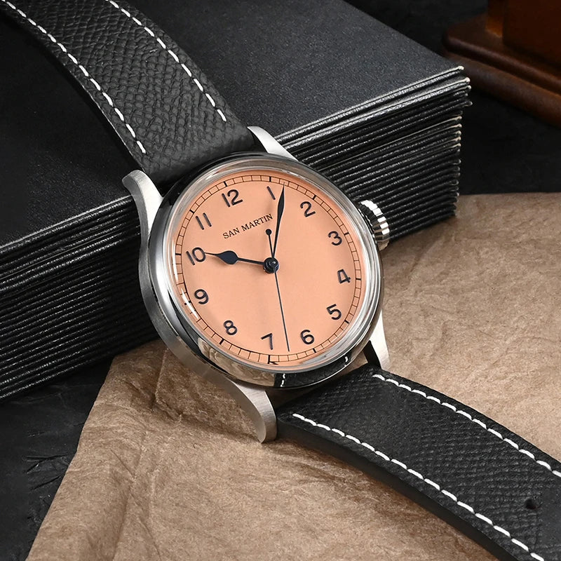 San Martin 38.5mm Men's Mechanical Watch NH35 Vintage Pilot Simple Fashion Wristwatch Baked Varnish Blue Hands 10 Bar Clock