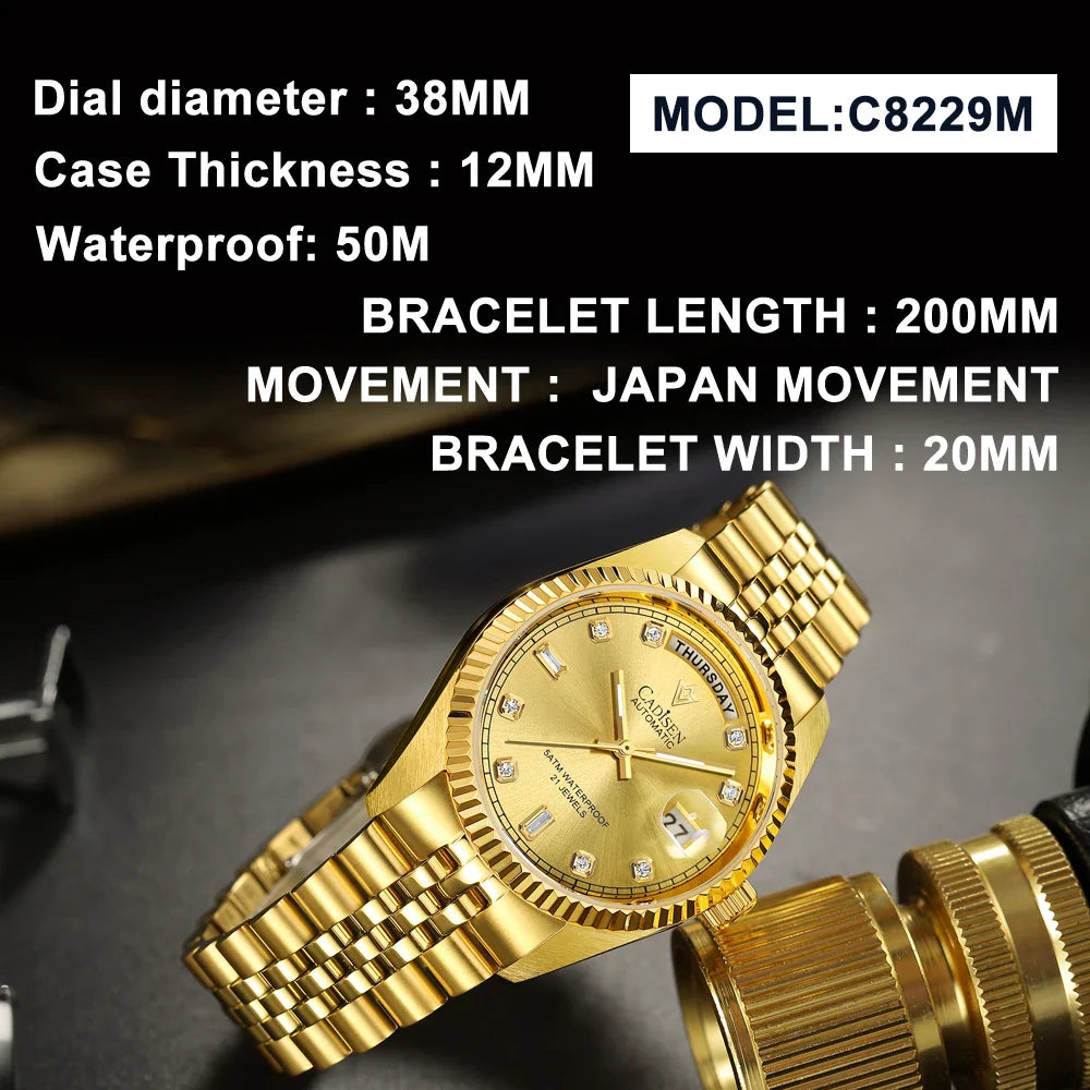 Cadisen C8228 DD38 Watch Diamond Dial MIYOTA 8285 AR Sapphire Crystal luminous 38MM 5Bar