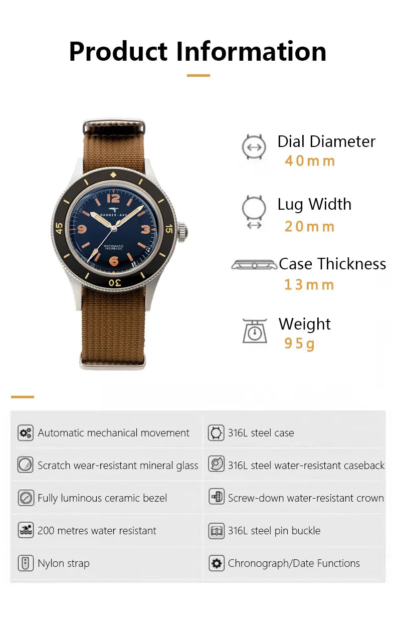 DAGGER-AXE 50 Fathoms Watch NH35 Movt  K9 Mineral Crystal TR900 C3 Luminous 20bar diver 40MM