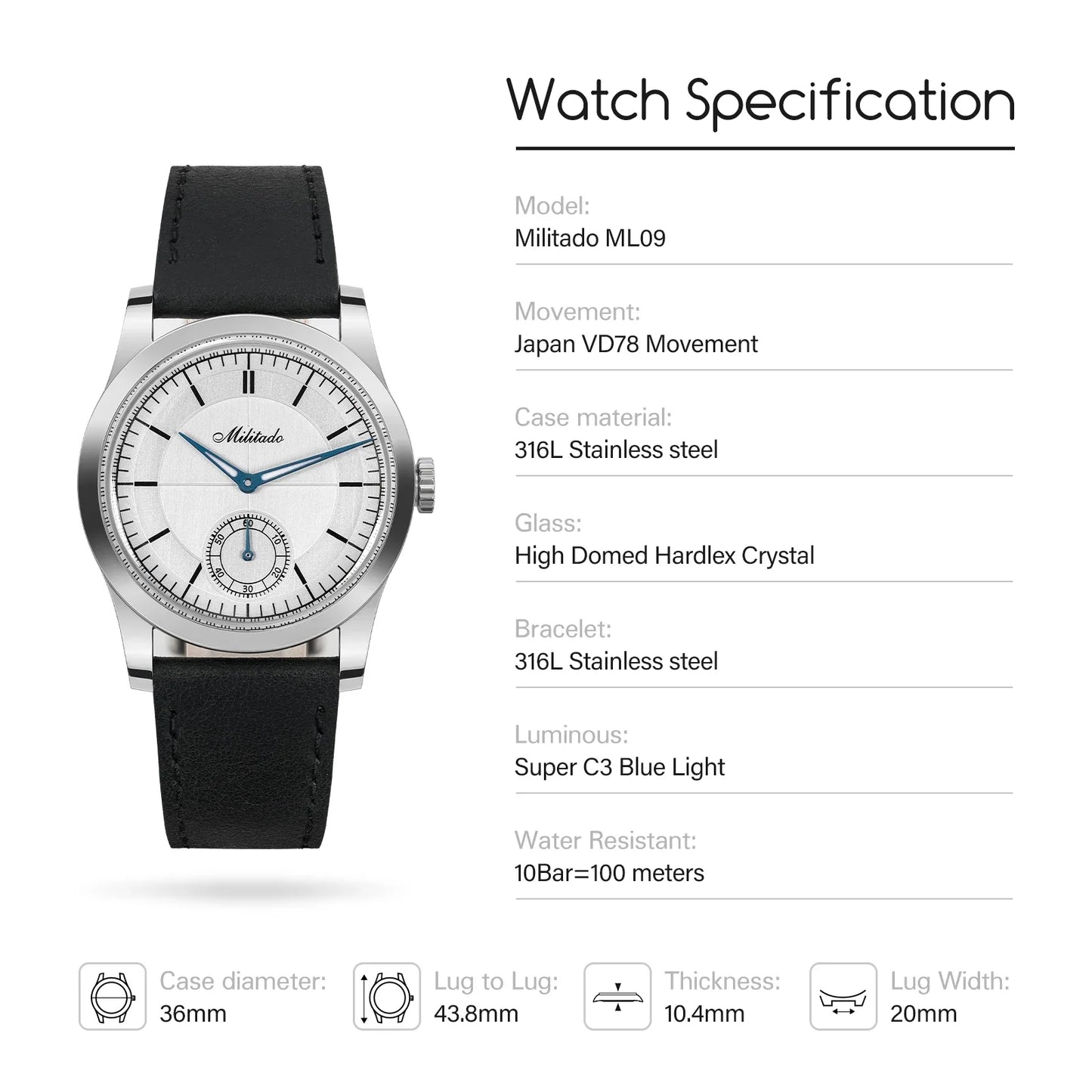 Militado ML09 Vintage Quartz Watch VD78 Movement  Domed Hardlex Crystal BGW9 Luminous 100m Waterproof 36mm Men Watches