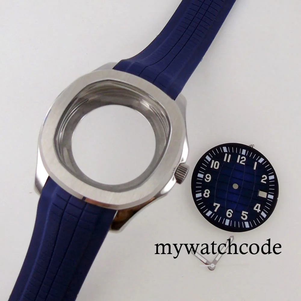 40mm Watch Case Glass Back Rubber Strap Dial Hands Set Fit NH35A NH36A Automatic Movement Sapphire Glass