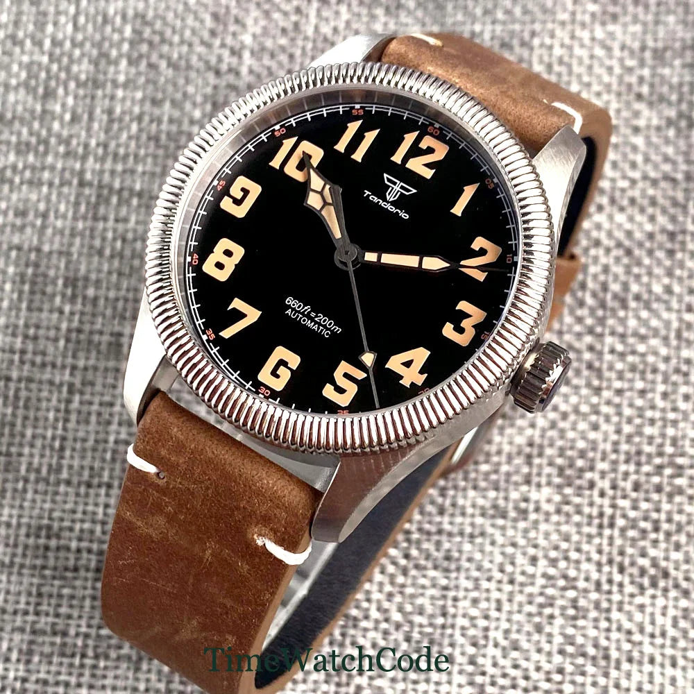 Tandorio Fluted Pilot Watch TD117A 20BAR  NH35 PT5000 Roman Numerals Sapphire 39mm