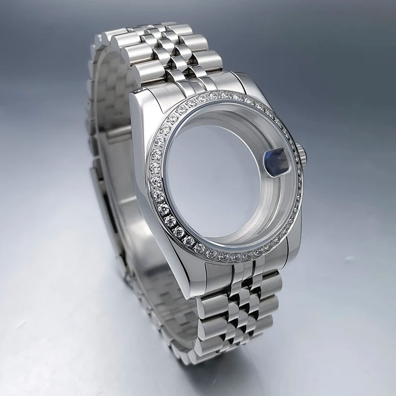 36mm/39mm NH35 Case President Jubile Strap Diamond Bezel Sapphire Glass Mod For NH35 NH36 Movement Watch Case Accessories Parts
