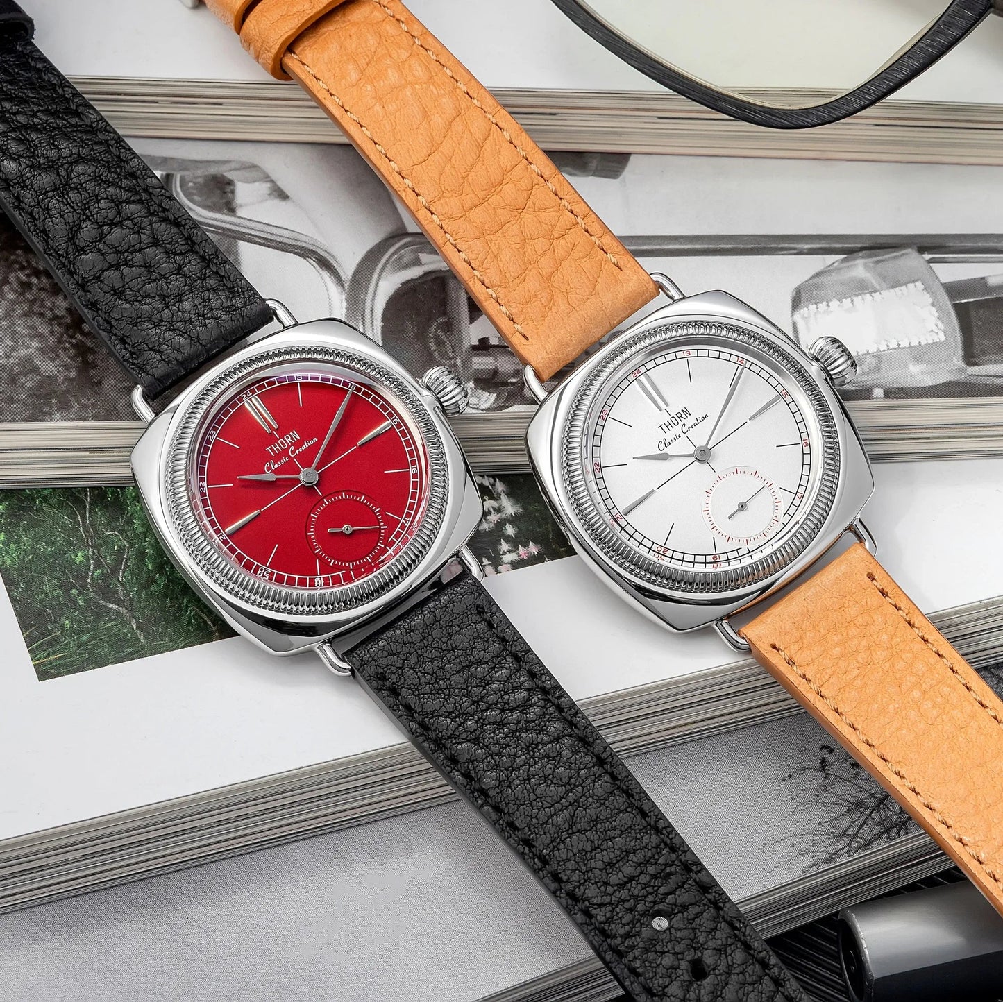 THORN T017 Square pillow-shaped 36mm Pilot couple wristwatch VD78 quartz Double Domed Sapphire 10Bar