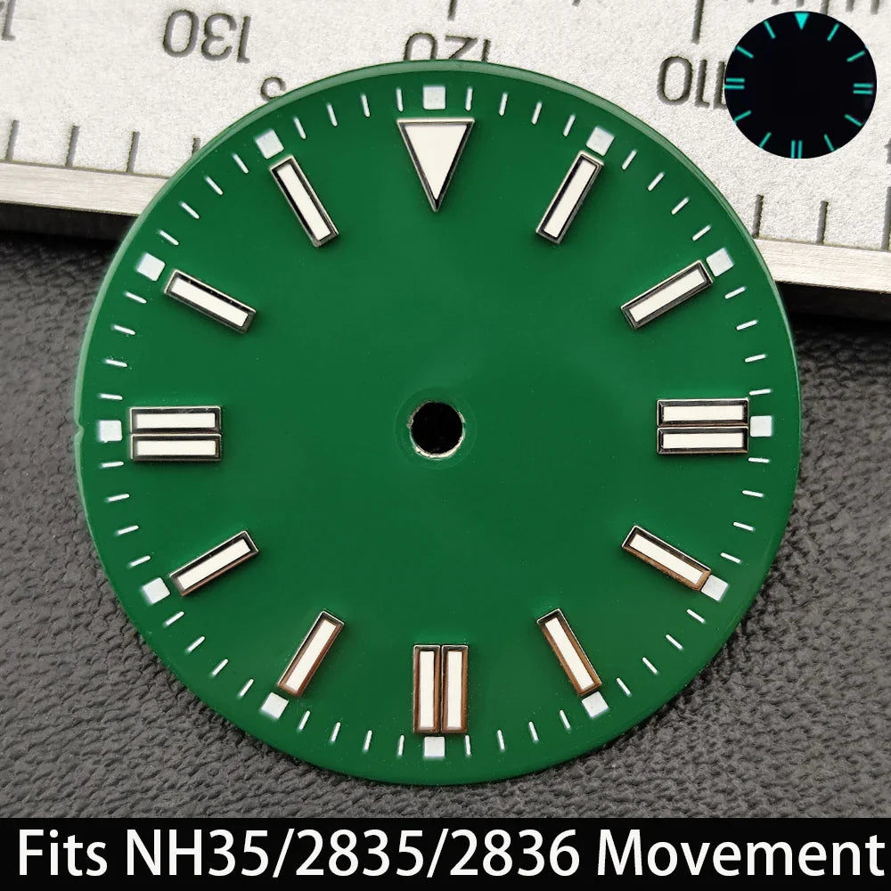 28.5mm Dial single/no calendar watch blue-green/green luminous dial hands fit for N H35/E2815/E2836 movement watch accessories