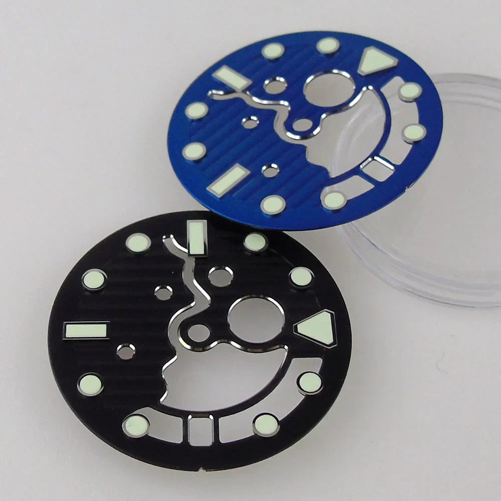 Nologo 28.9mm Hollow Watch Dial for NH35 NH36 Movement Black/Blue Dial Face Green Luminous Index