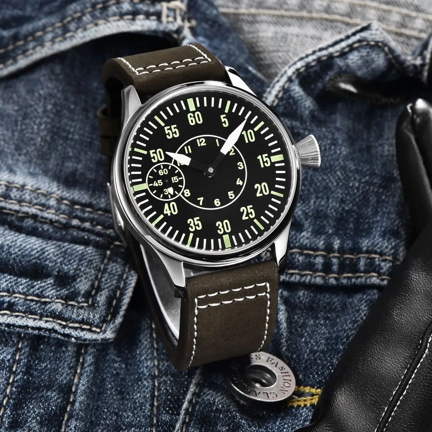 CORGEUT 6023D 44mm ST3600 hand winding Pilot Sub Second Sapphire Crystal 3ATM Glass Back luminous