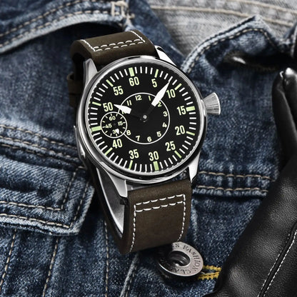 CORGEUT 6023D 44mm ST3600 hand winding Pilot Sub Second Sapphire Crystal 3ATM Glass Back luminous