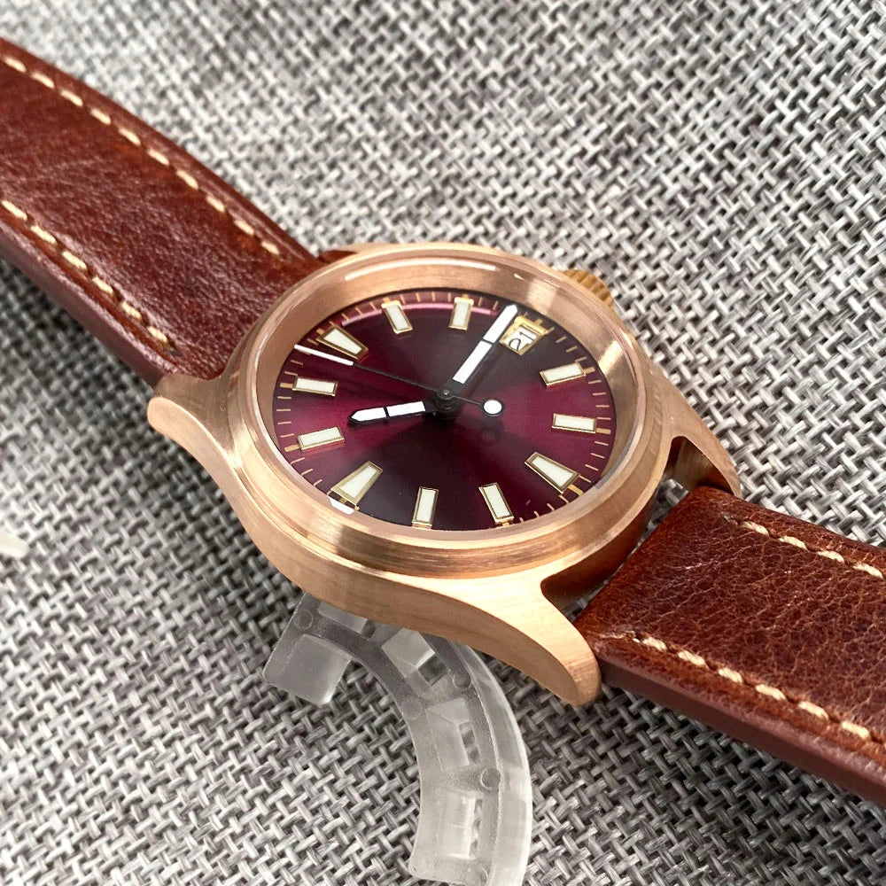 Tandorio Bronze Pilot Watch TD147R 20ATM 36mm Wine Red Dial NH35A  Sapphire Crystal