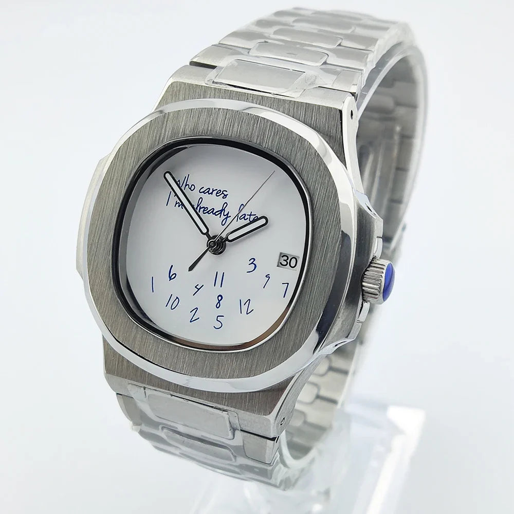 Special dial Nautilus Watch 41mm NH35 who cares i'm already late Sapphire 10Bar Dress Glass back