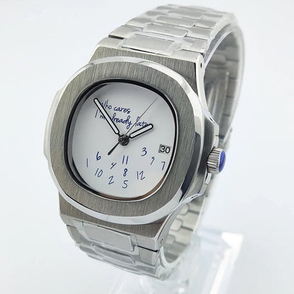 Special dial Nautilus Watch 41mm NH35 who cares i'm already late Sapphire 10Bar Dress Glass back