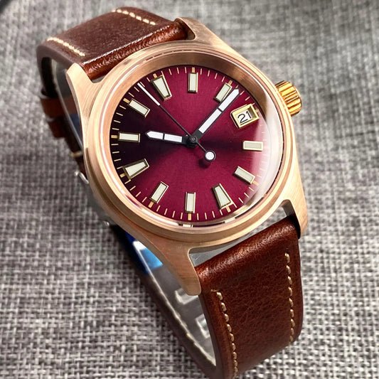 Tandorio Bronze Pilot Watch TD147R 20ATM 36mm Wine Red Dial NH35A  Sapphire Crystal
