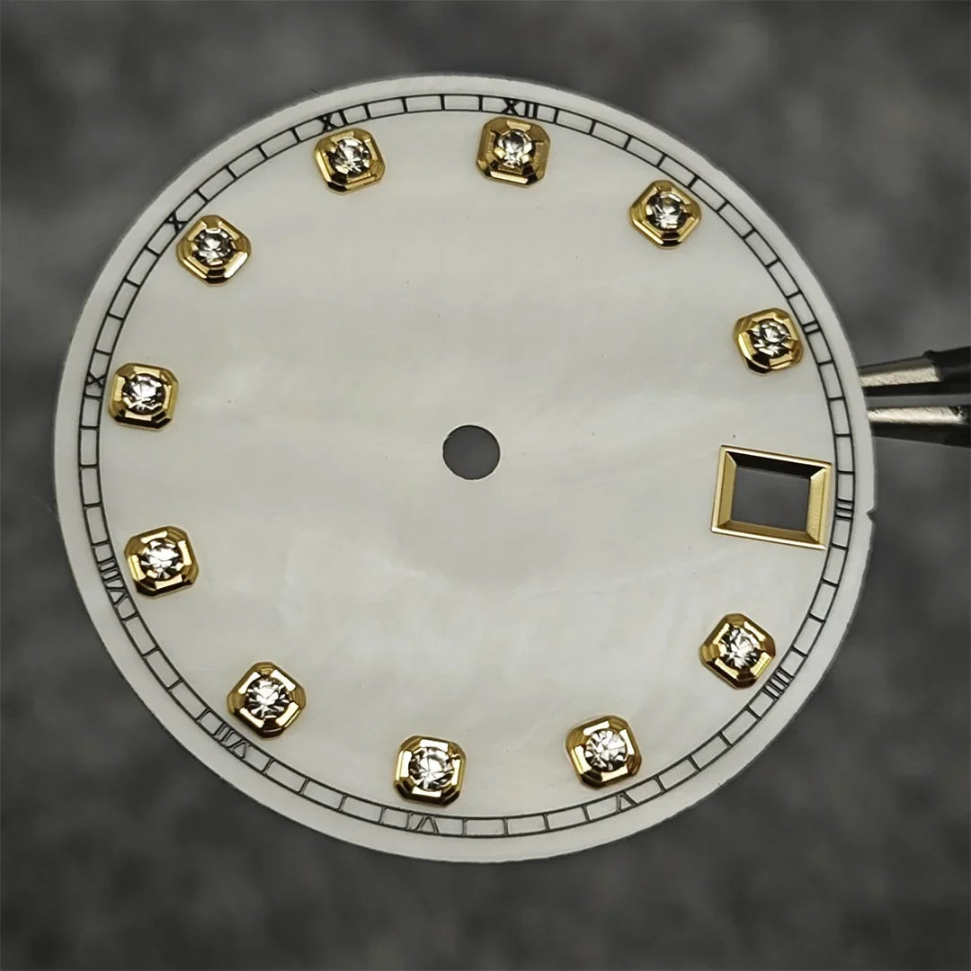 NH35 Watch Dial Watch Hands 28.5mm Diamond Inlaid Shell of Pearl Pattern Surface Watch Accessories for NH35/NH36 Movement