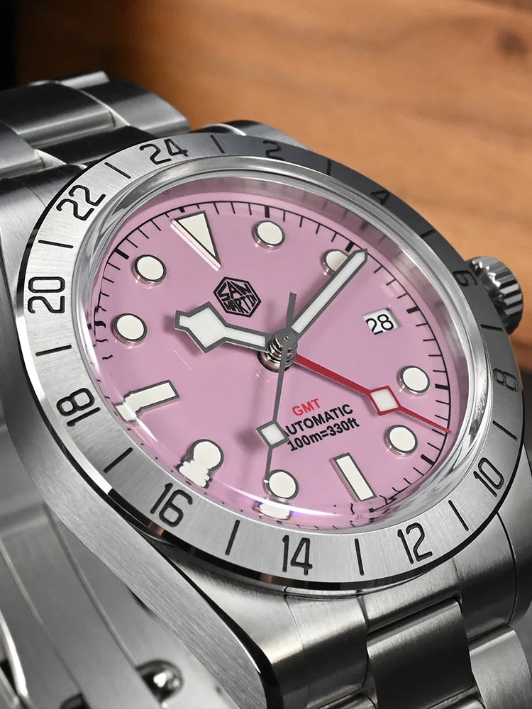 San Martin SN0054G GMT Pink Dial BB  39mm NH34 Automatic Watch 10Bar AR Sapphire BGW9 Lume