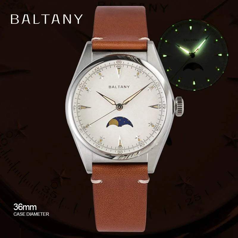 Baltany 36mm Dress Watches S4042 Customizable AR Sapphire Crystal 10Bar  Moon phase Wristwatches Swiss Lume