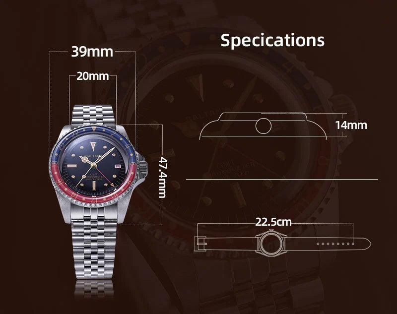 Customizable Baltany 39MM 1957s GMT Master Homage Watch S6074 NH34 Automatic Dome Sapphire 20ATM  Swiss Lume