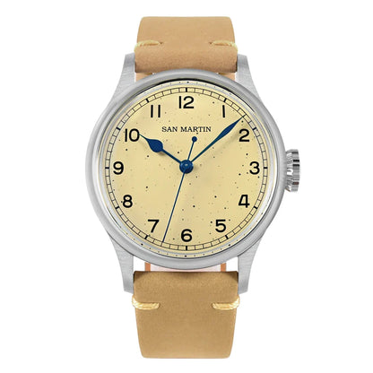 San Martin 38.5mm Men's Mechanical Watch NH35 Vintage Pilot Simple Fashion Wristwatch Baked Varnish Blue Hands 10 Bar Clock