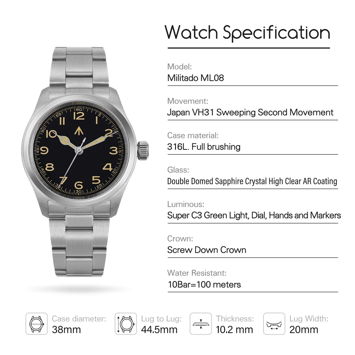 Militado ML08 Military Watch VH31 Quartz Movement Double Sapphire C3 BGW9 Luminous 10Bar Explorer