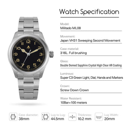 Militado ML08 Military Watch VH31 Quartz Movement Double Sapphire C3 BGW9 Luminous 10Bar Explorer
