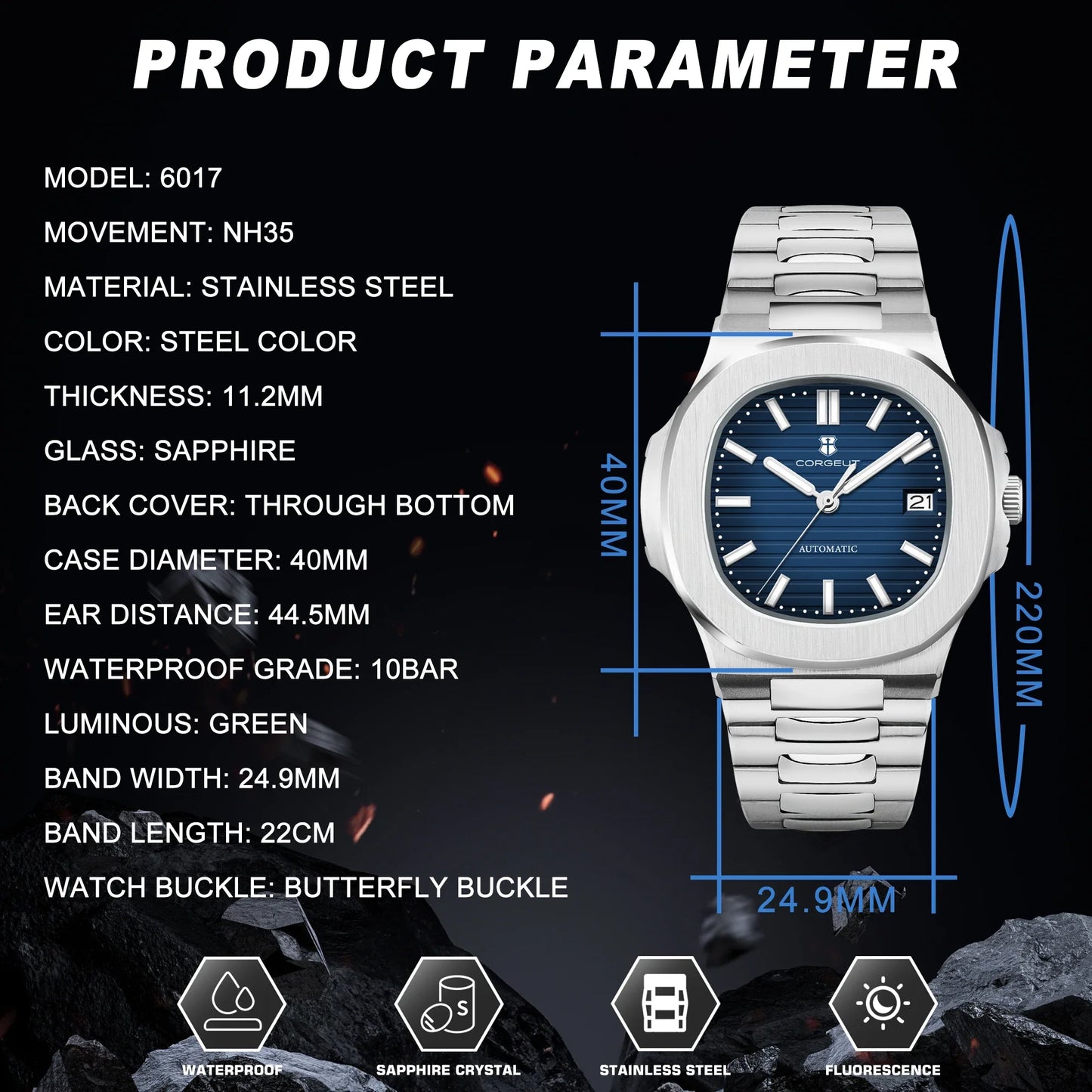 Corgeut 6017 Nautilus Watch 40mm Custom logo NH35 Movement  Sapphire Crystal Watch 10bar Lumnious