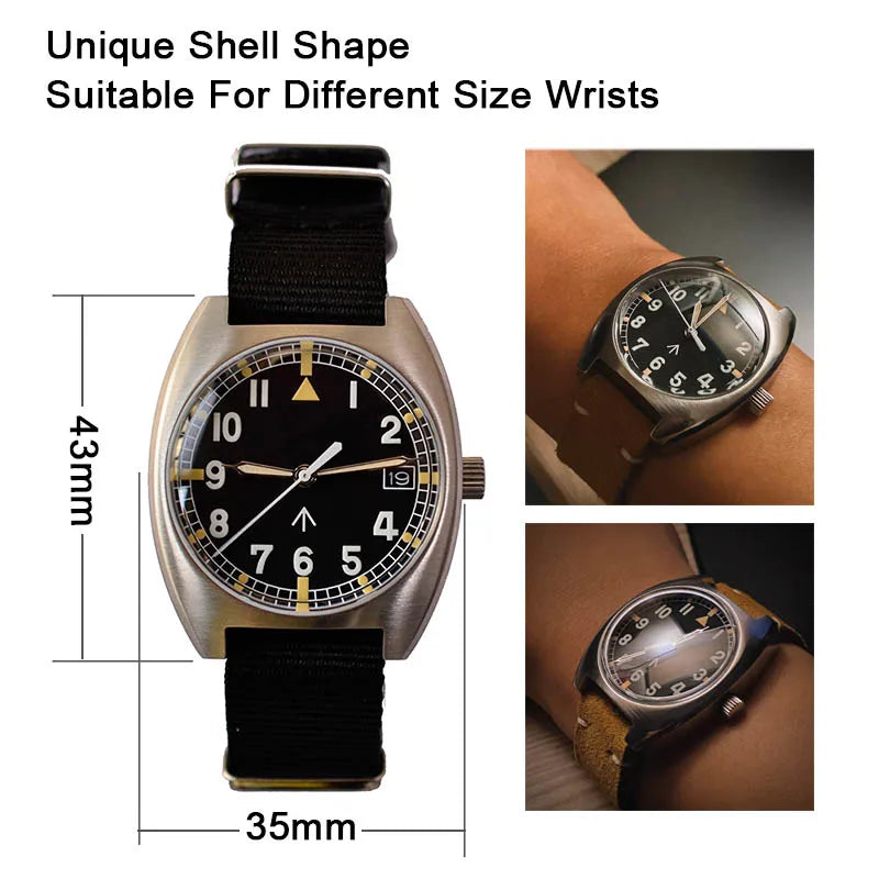 Baltany W10 Military Watch 36mm Calendar Super Luminous Leather Sapphire Stainless Steel NH35 Automatic Mechanical Wristwatches