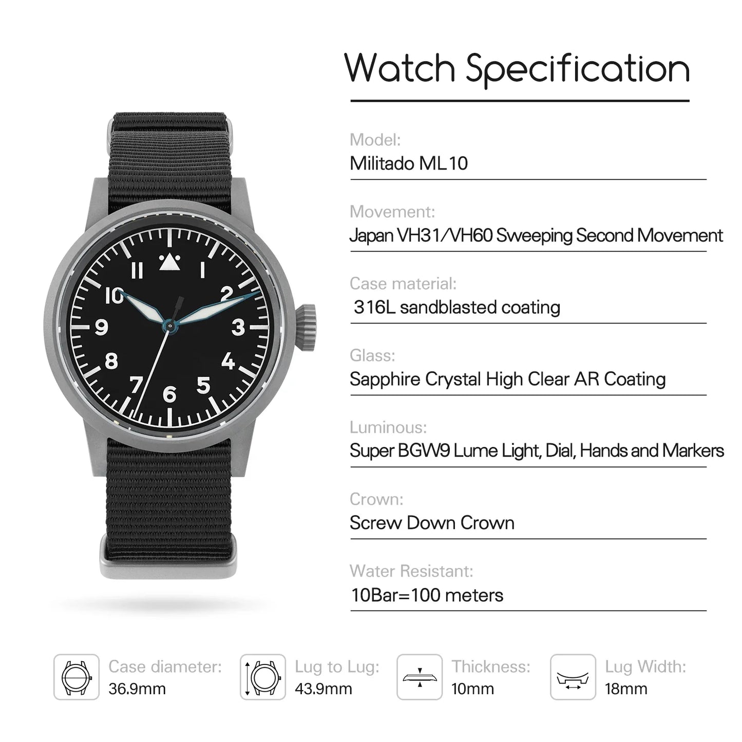 Militado ML10 Quartz pilot Watch VH31 Sweeping Second Sapphire BGW9 Luminous 10Bar 37mm