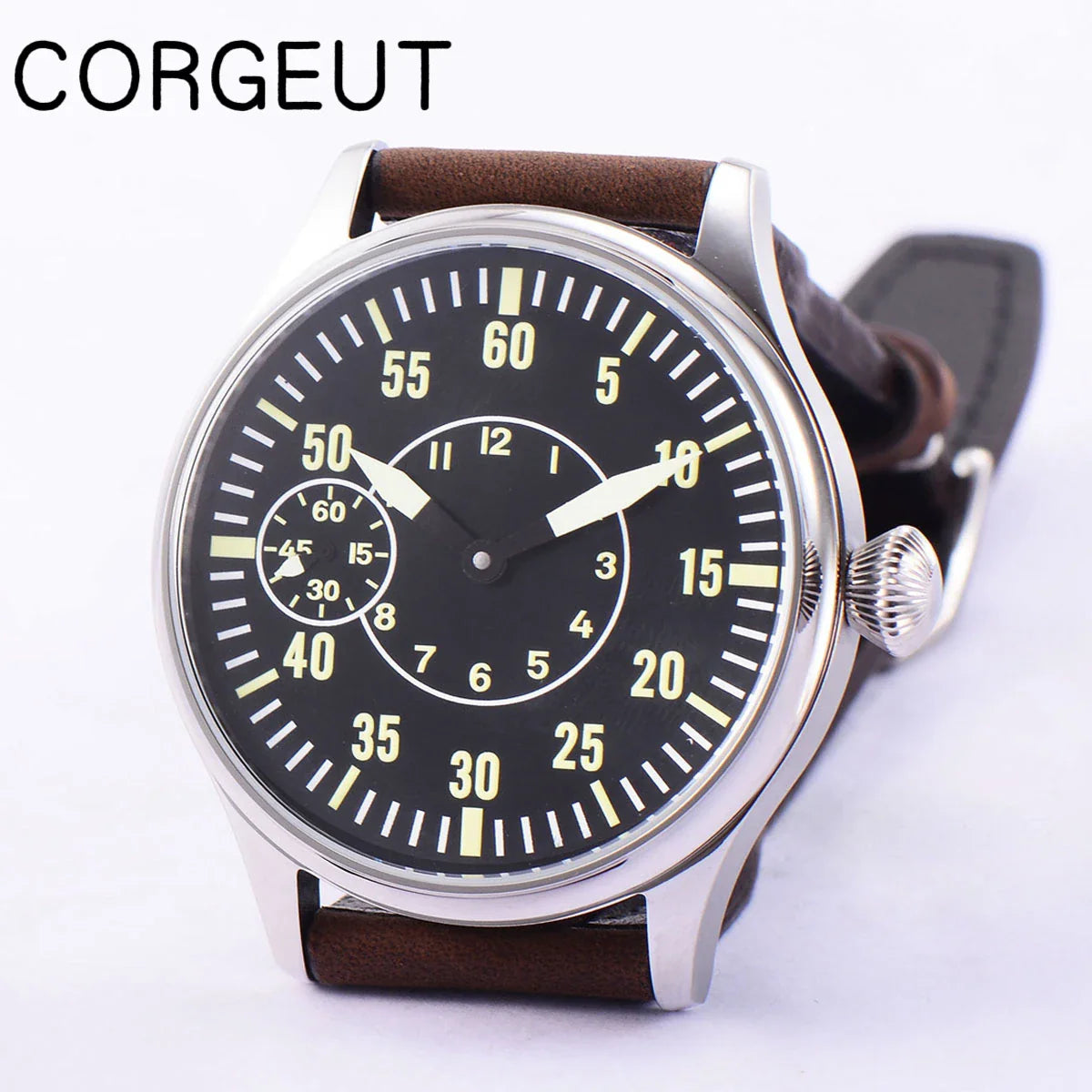 CORGEUT 6023D 44mm ST3600 hand winding Pilot Sub Second Sapphire Crystal 3ATM Glass Back luminous