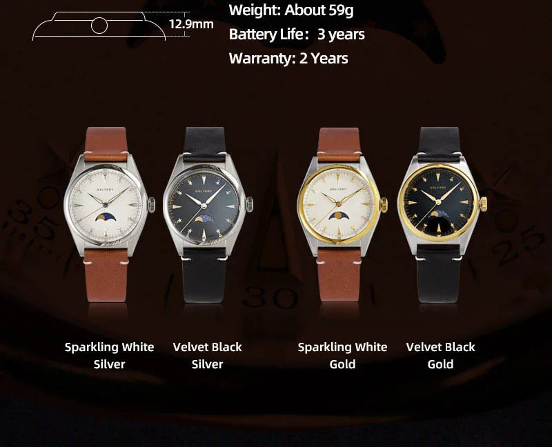 Baltany 36mm Dress Watches S4042 Customizable AR Sapphire Crystal 10Bar  Moon phase Wristwatches Swiss Lume